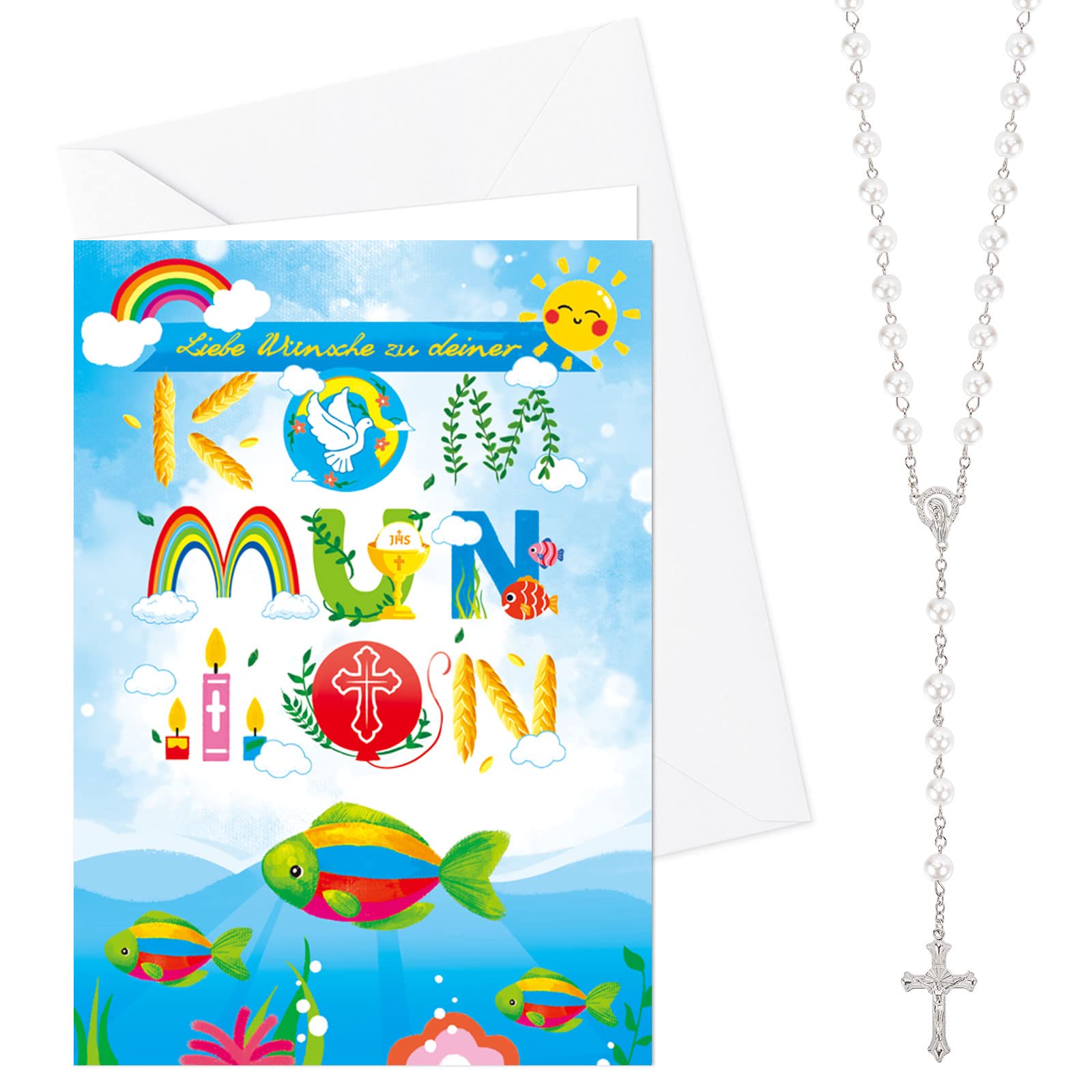 howaf-kommunion-karte-mit-rosenkranz-rosa-fisch-motiv image 1