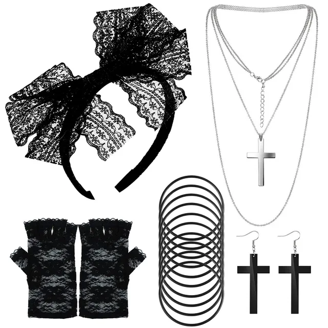 howaf-80er-accessoires-damen-set-schwarz-stirnband-handschuhe image 1