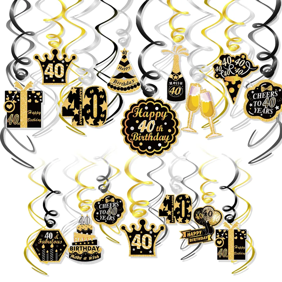 howaf-40-geburtstag-h-ngedeko-spiralen-schwarz-gold-30-st-ck image 1