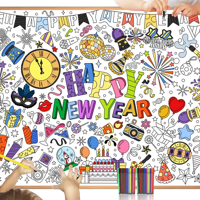 howaf-happy-new-year-ausmal-tischdecke-papier-mit-24-stiften image 1