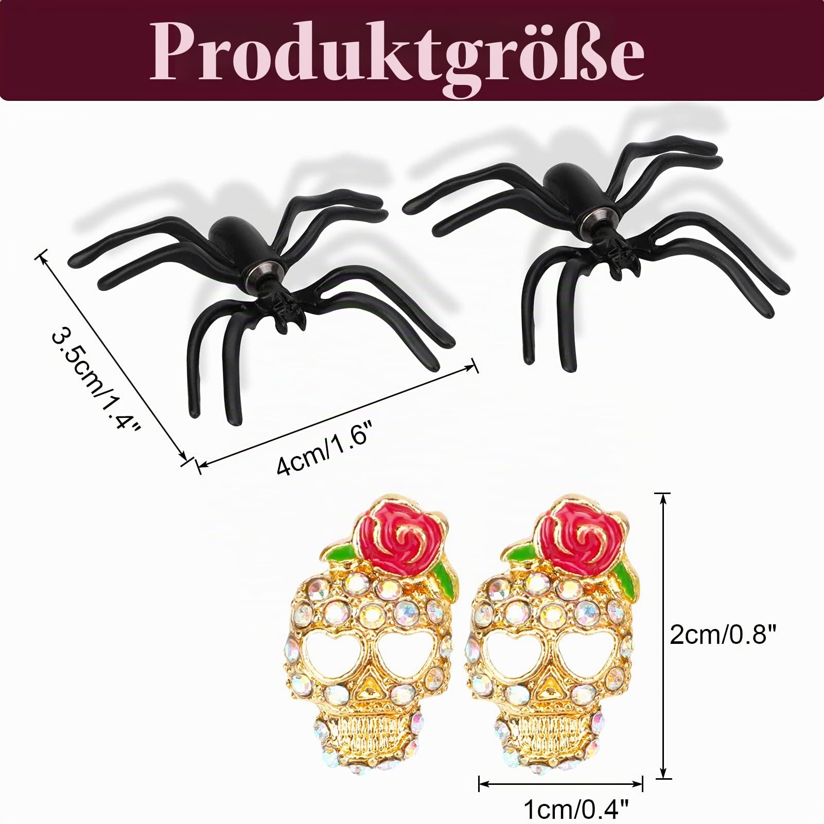howaf-halloween-ohrringe-spinne-rose-skull-2-paar-ohrstecker image 2