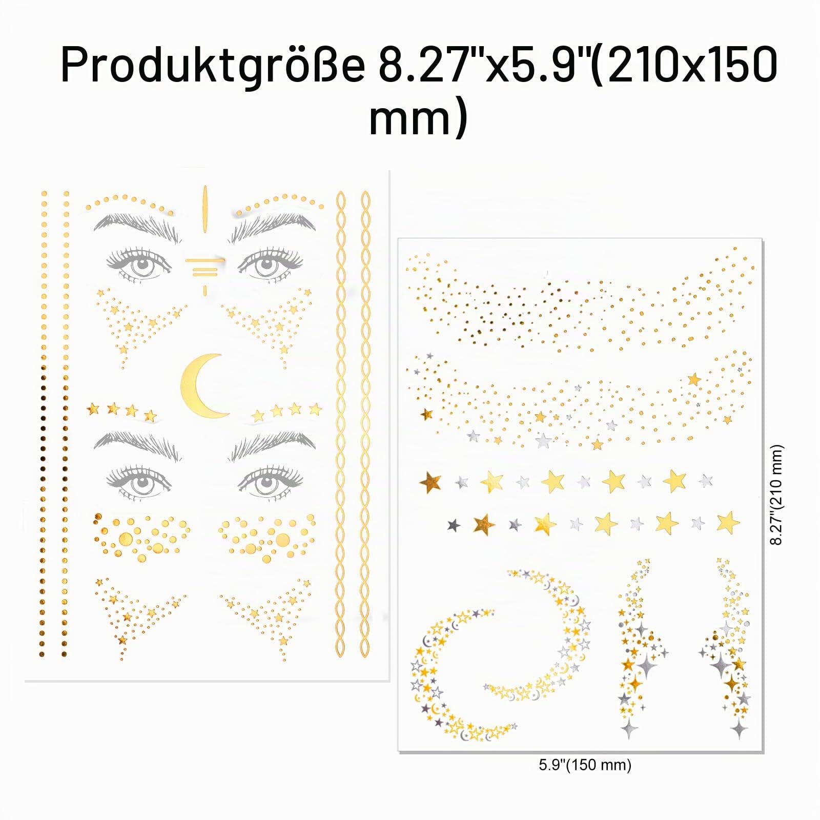 howaf-temporary-tattoos-gesichtstattoo-glitzer-gold-6-blatt-sterne image 2