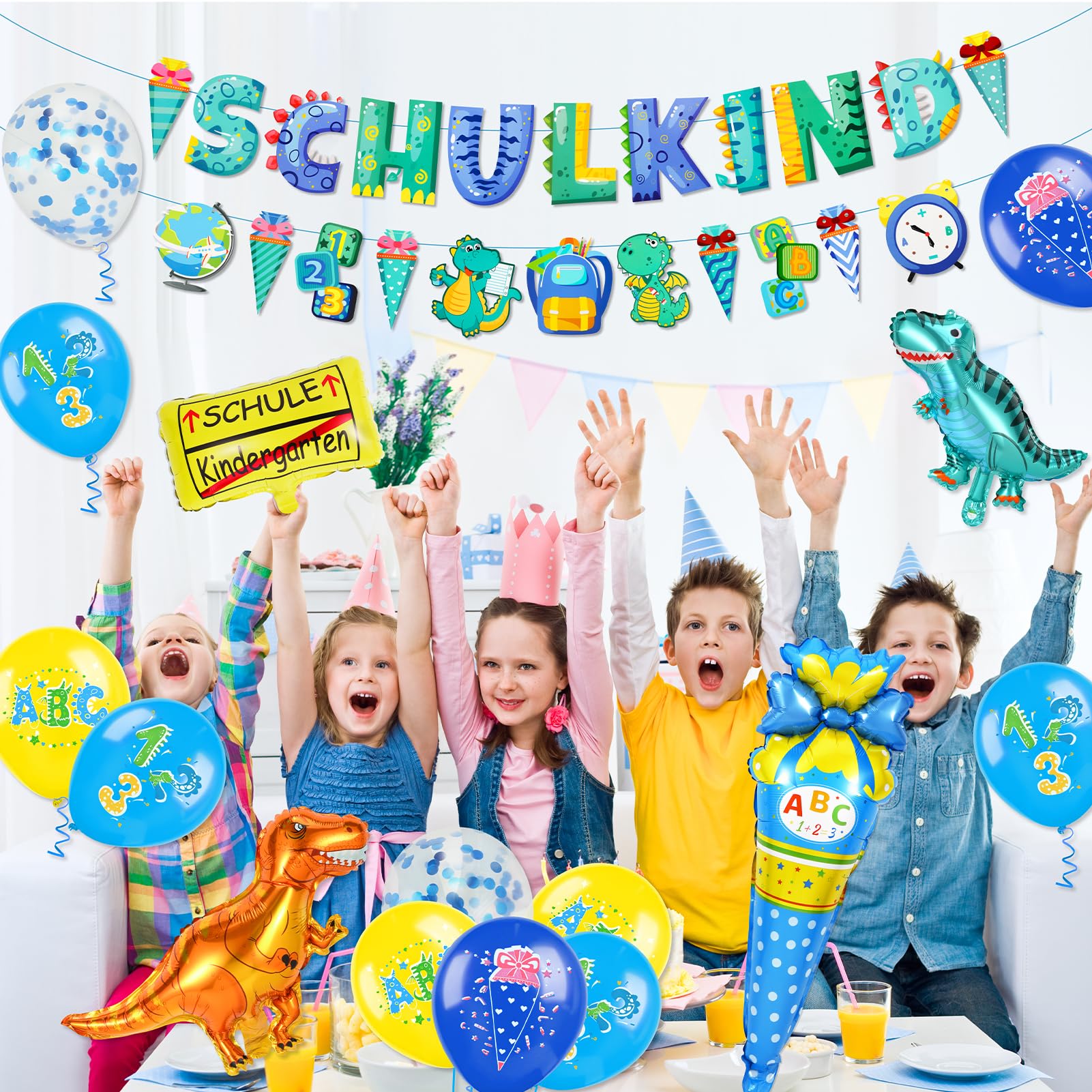 howaf-dino-einschulung-luftballons-blau-schulkind-banner-set image 7