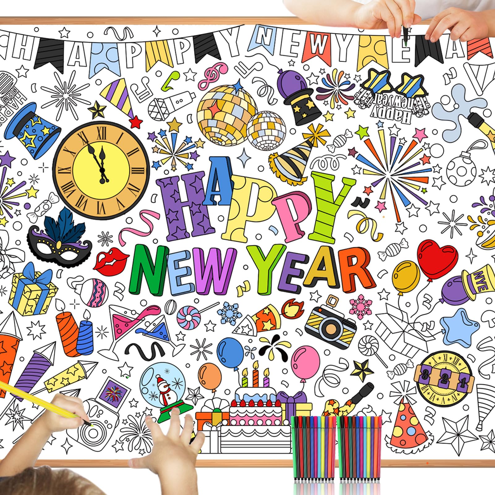 howaf-happy-new-year-ausmal-tischdecke-papier-mit-24-stiften image 1