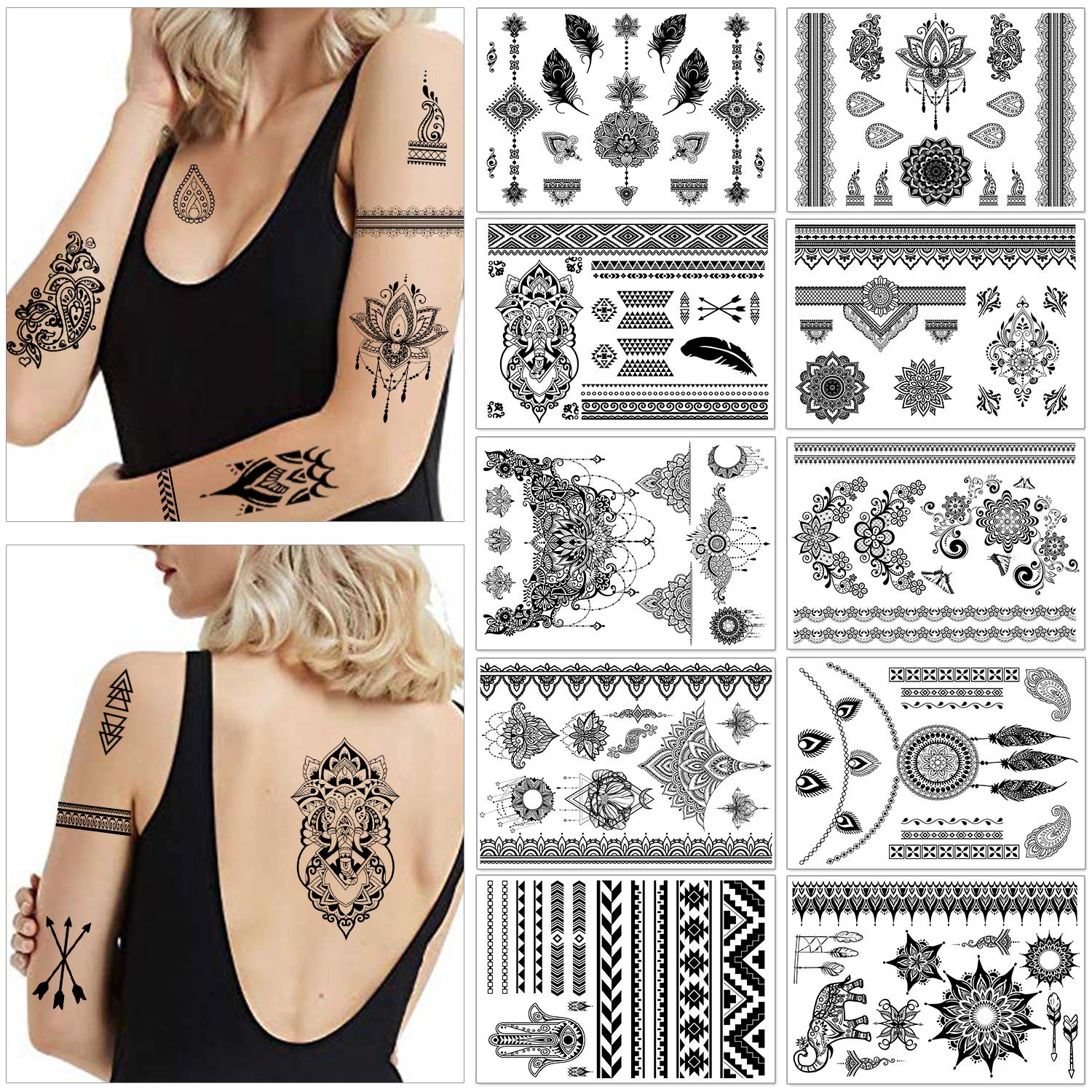 howaf-tempor-re-tattoos-schwarz-mandala-feder-10-bl-tter image 1