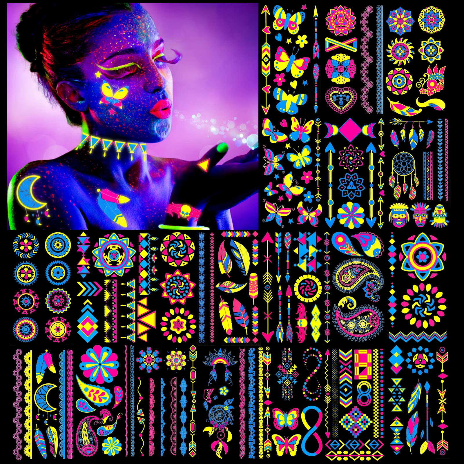 howaf-neon-tattoos-schwarzlicht-klebetattoos-20-bl-tter image 1