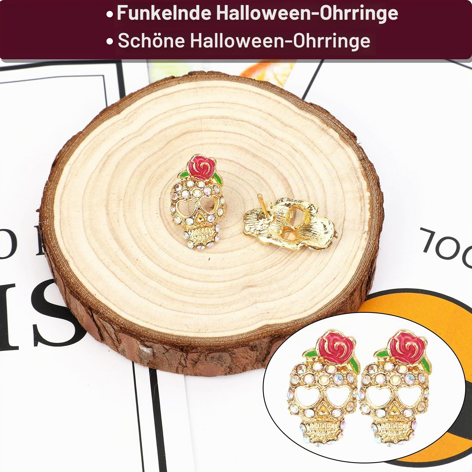 howaf-halloween-ohrringe-spinne-rose-skull-2-paar-ohrstecker image 4