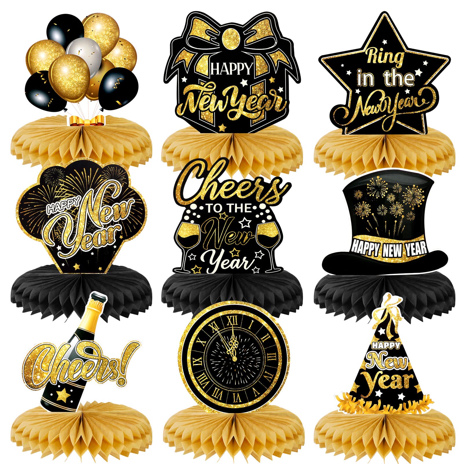 howaf-silvester-deko-2027-bienenwabe-9-st-ck-schwarz-gold image 1