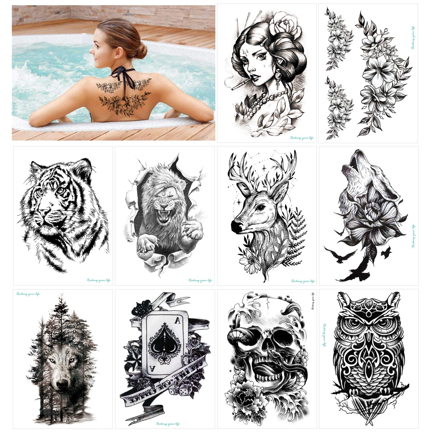 howaf-tempor-re-tattoos-schwarz-tiere-10-bl-tter-wasserfest image 2