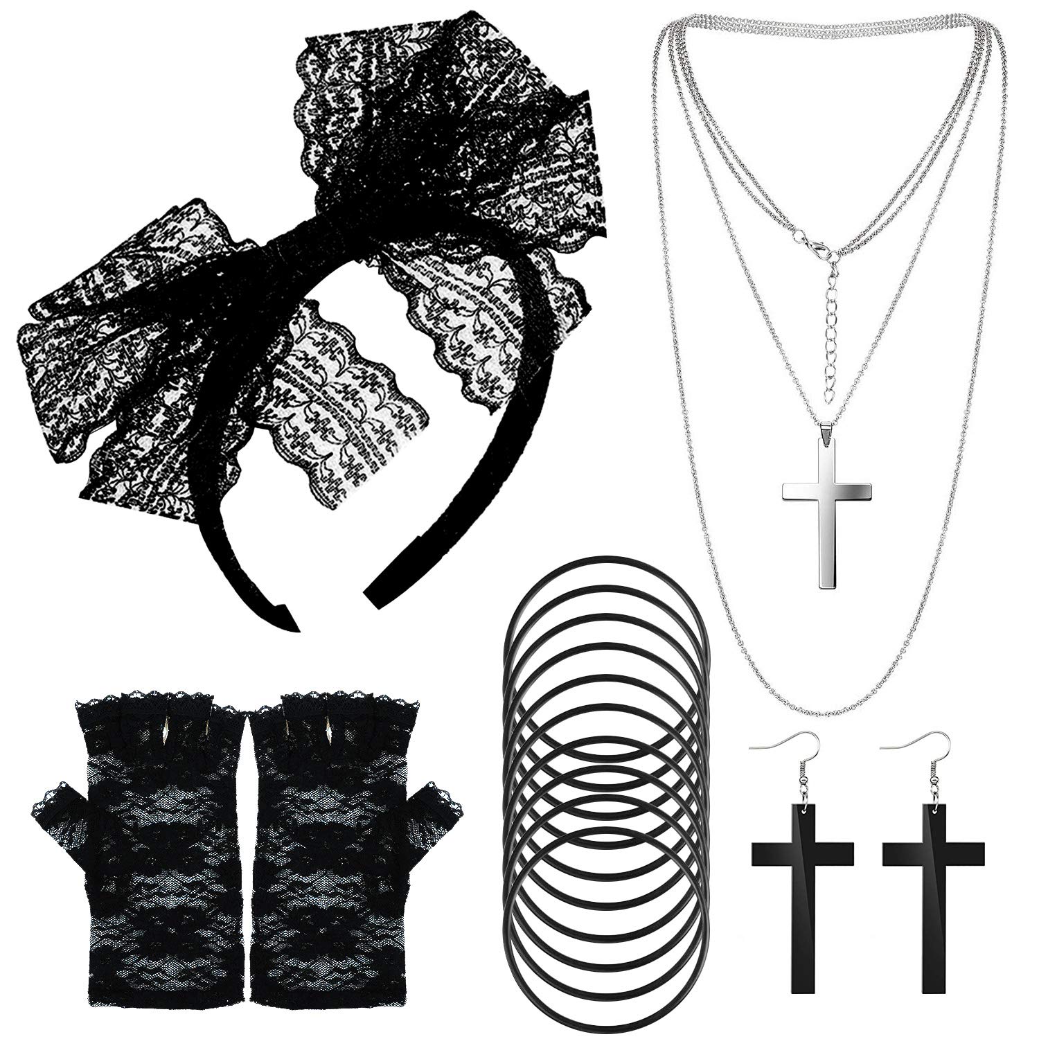 howaf-80er-accessoires-damen-set-schwarz-stirnband-handschuhe image 1