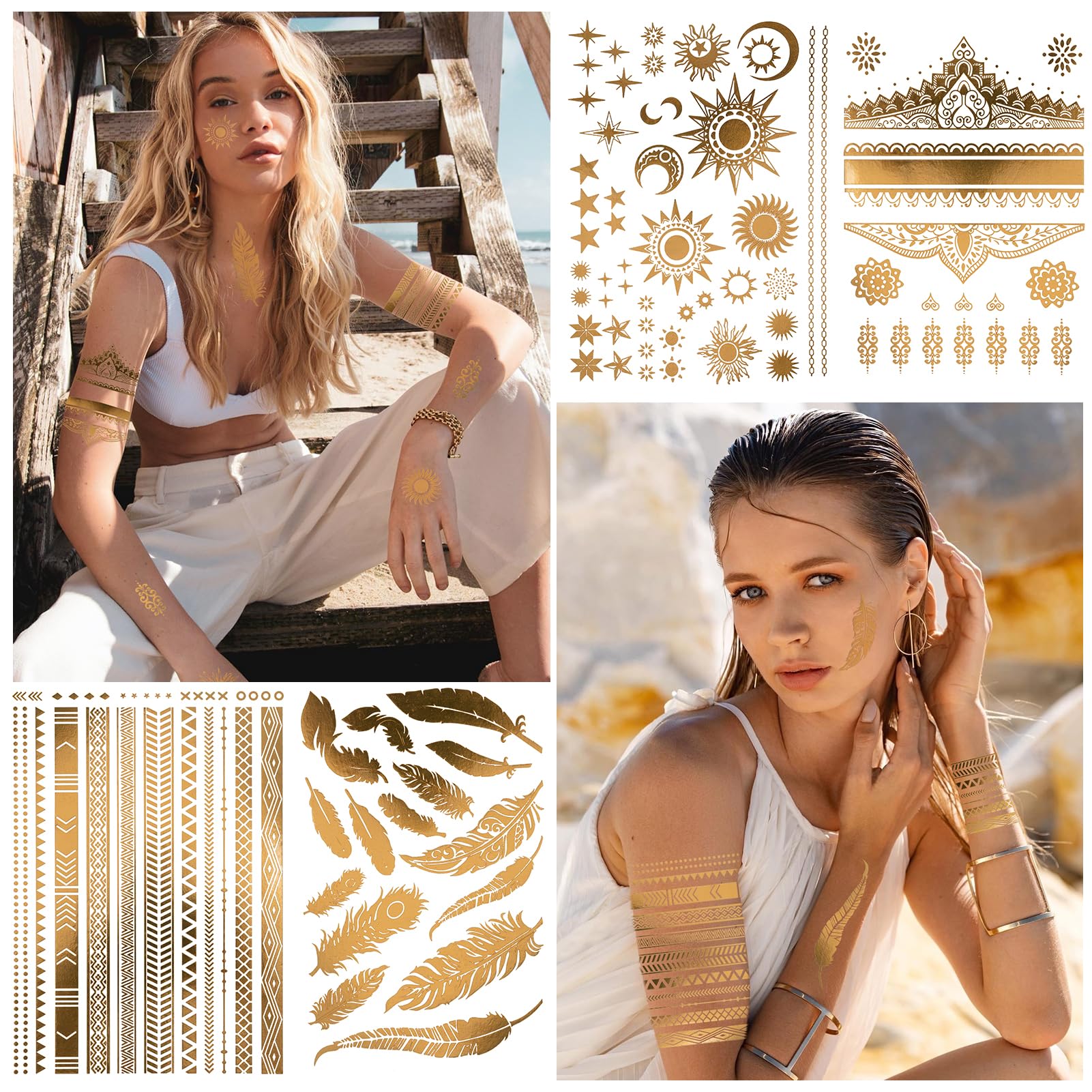 howaf-temporary-tattoos-gold-klebetattoos-9-blatt-metallic image 2