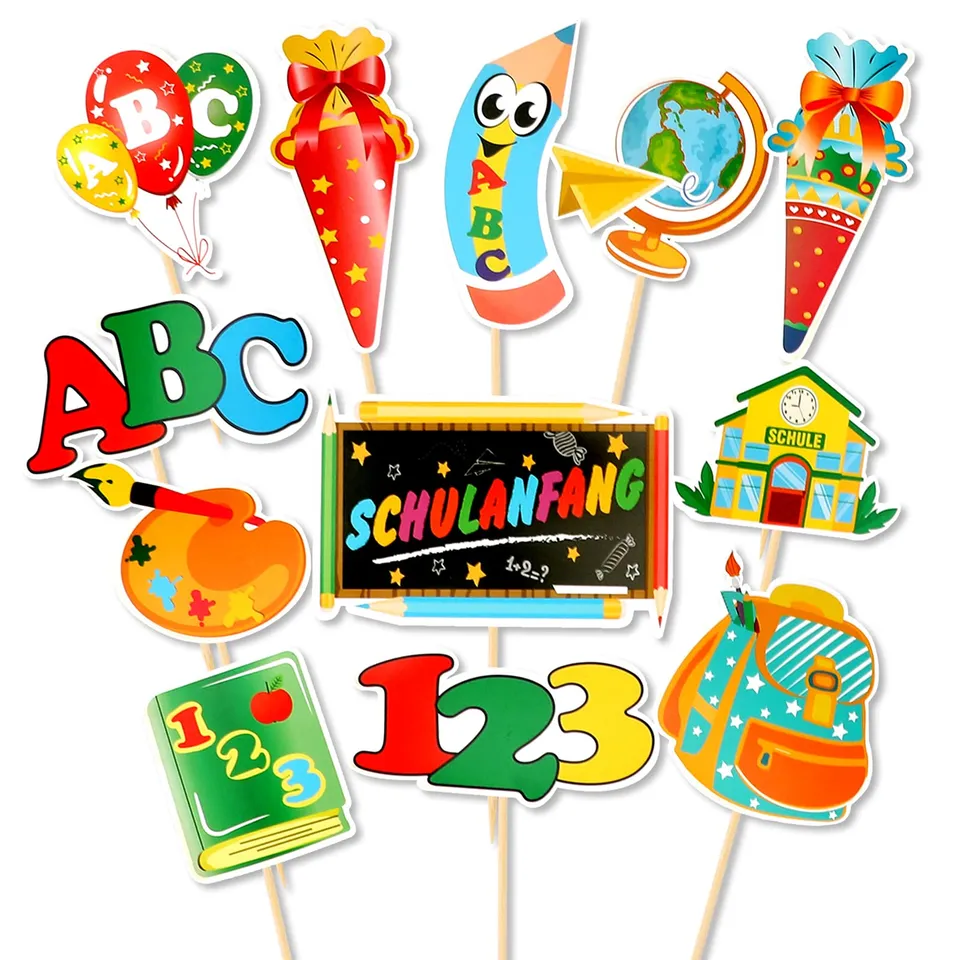 howaf-einschulung-cupcake-topper-tortendeko-12-st-ck-bunt image 1