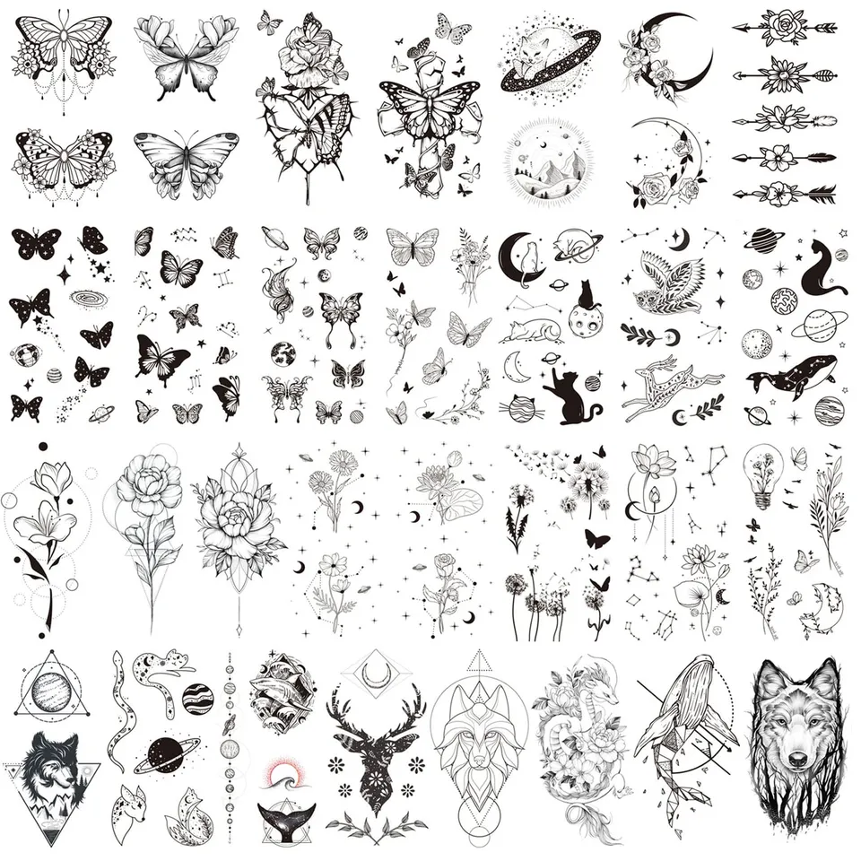 howaf-fake-tattoos-frauen-schmetterling-blume-30-blatt-schwarz image 1