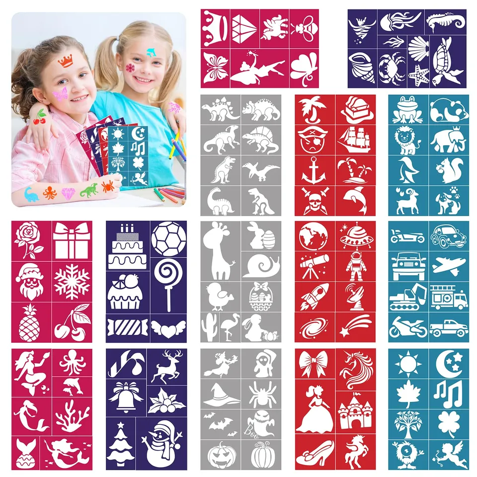 howaf-tattoo-schablonen-kinder-110-st-ck-glitzer-schminkschablonen image 1