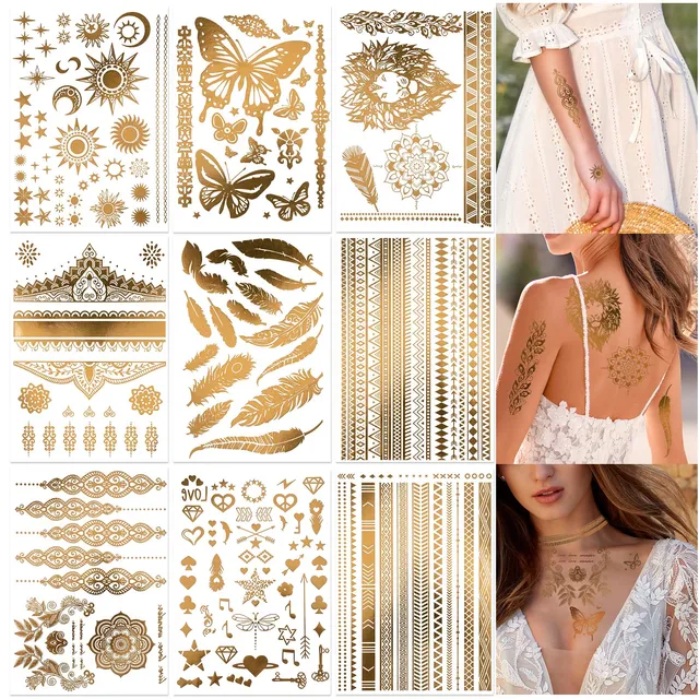 howaf-temporary-tattoos-gold-klebetattoos-9-blatt-metallic image 1