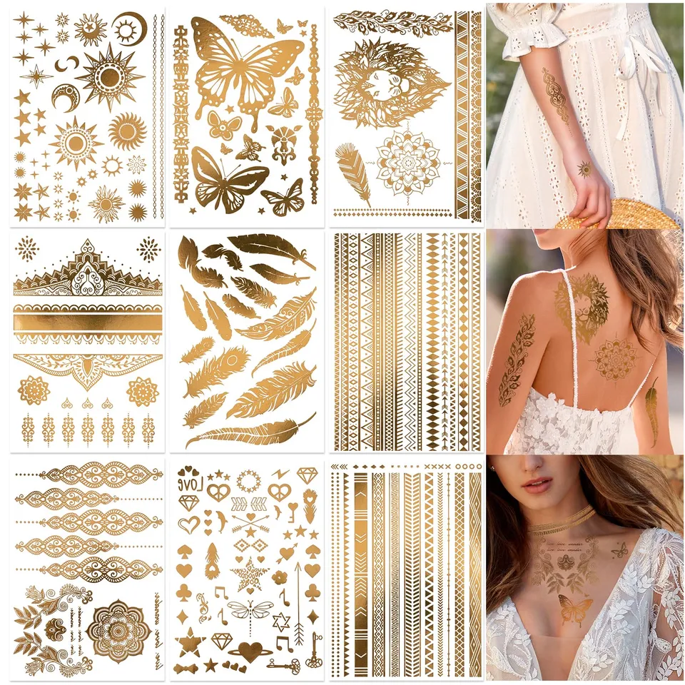 howaf-temporary-tattoos-gold-klebetattoos-9-blatt-metallic image 1