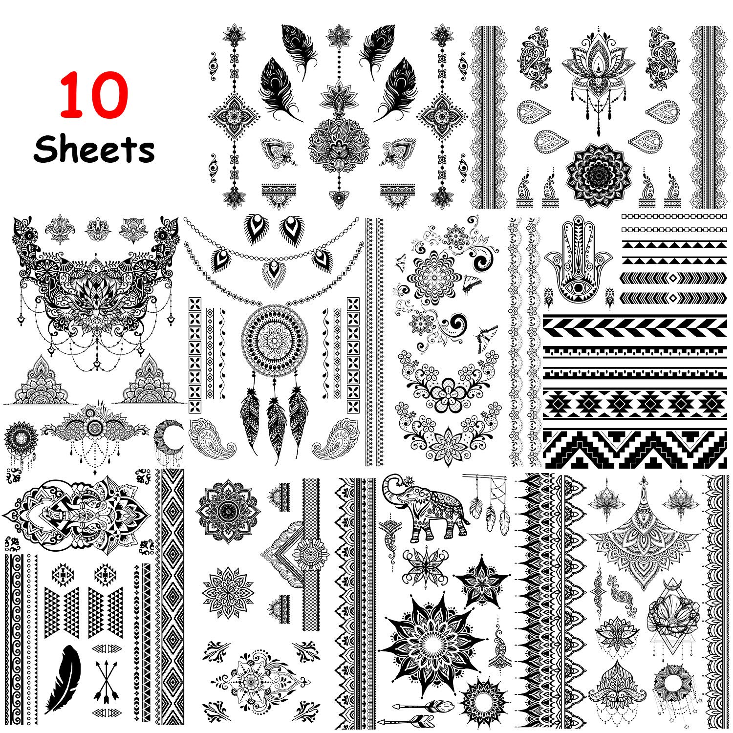howaf-tempor-re-tattoos-schwarz-mandala-feder-10-bl-tter image 3