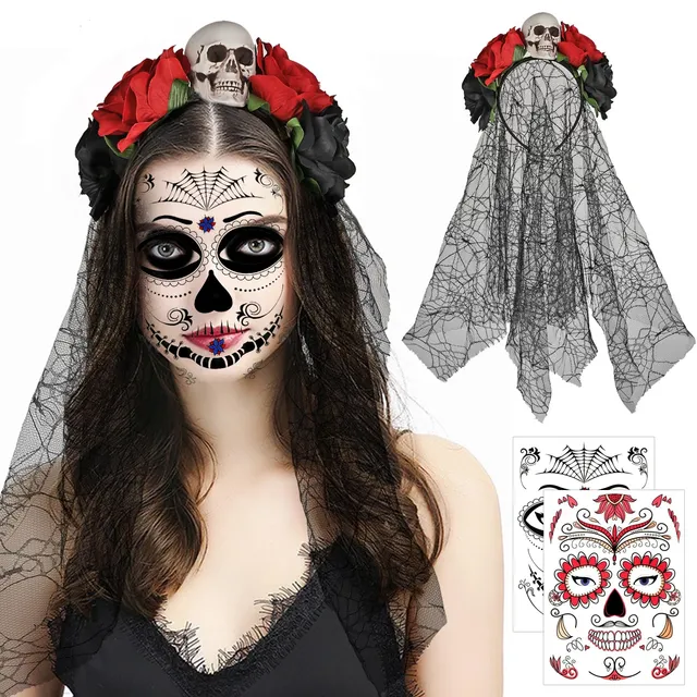 howaf-tag-der-toten-haarreif-schwarz-mit-schleier-und-tattoo image 1