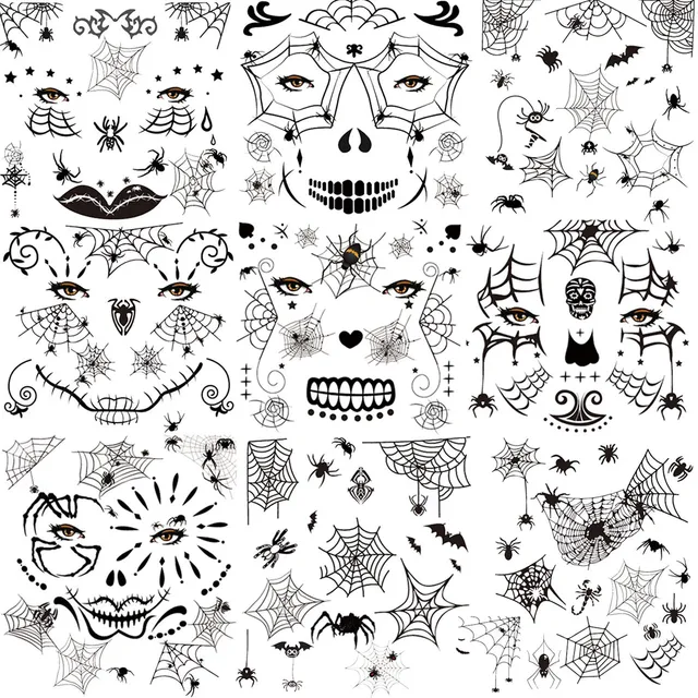 howaf-halloween-tattoo-spinne-10-blatt-tempor-r-gesicht image 1