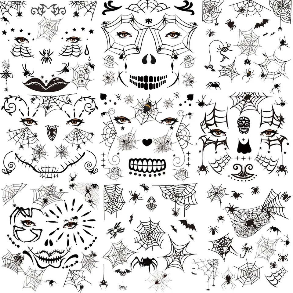 howaf-halloween-tattoo-spinne-10-blatt-tempor-r-gesicht image 1