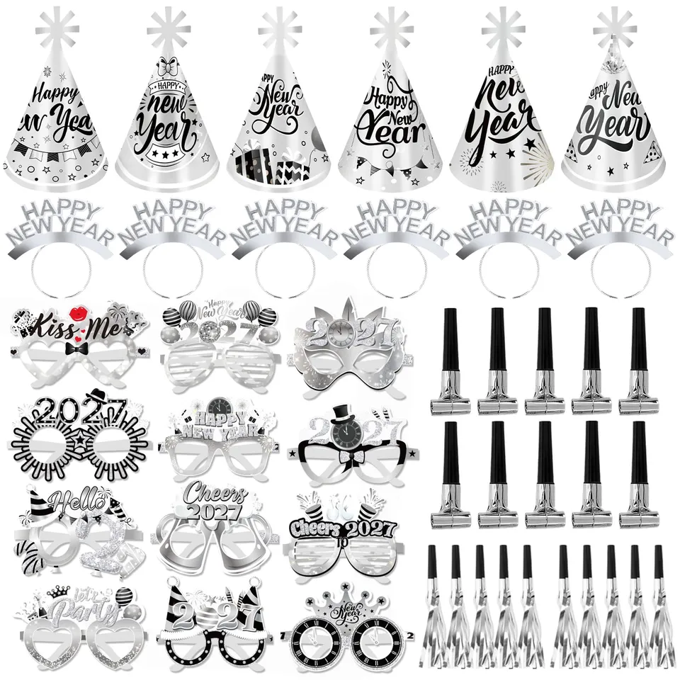 howaf-silvester-deko-2027-silber-party-set-48-st-ck-brille-hut image 1