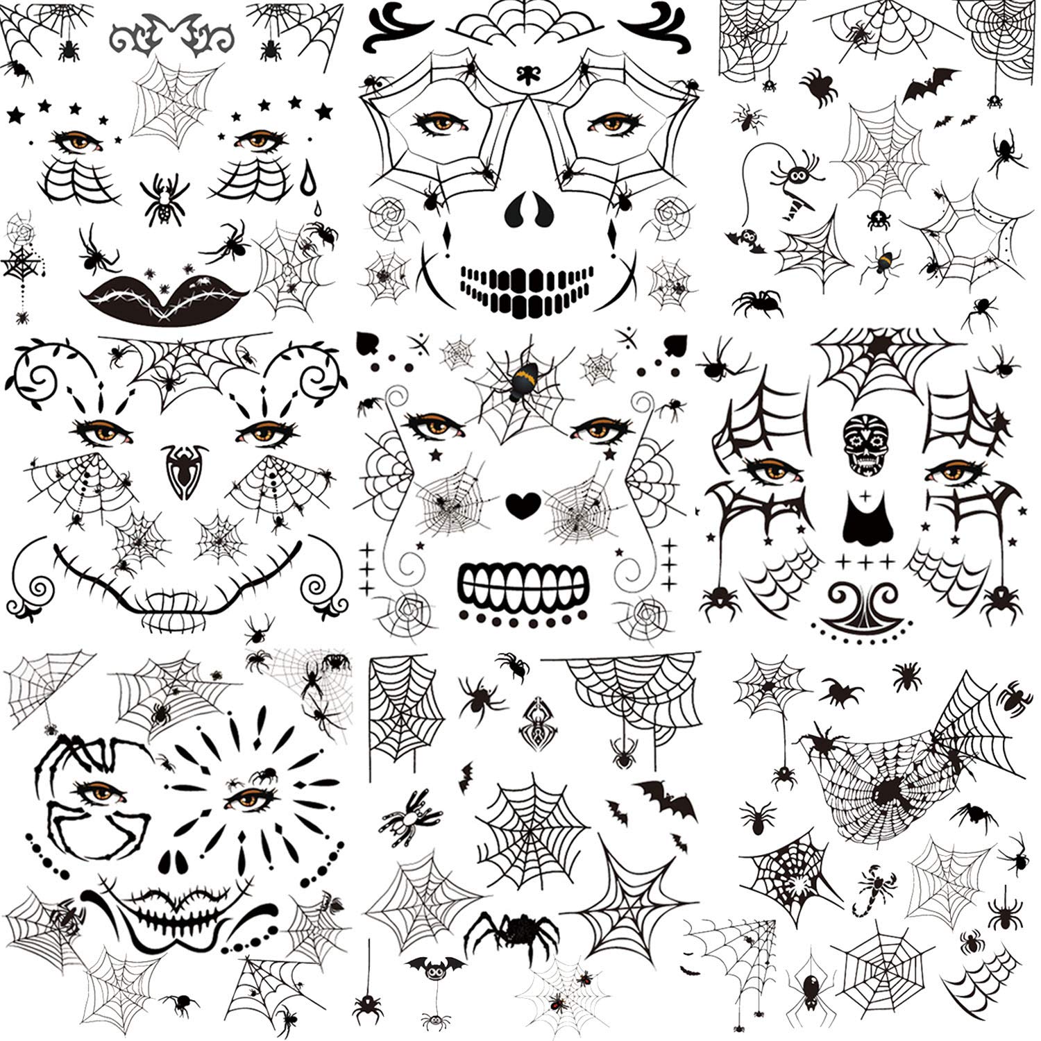howaf-halloween-tattoo-spinne-10-blatt-tempor-r-gesicht image 1