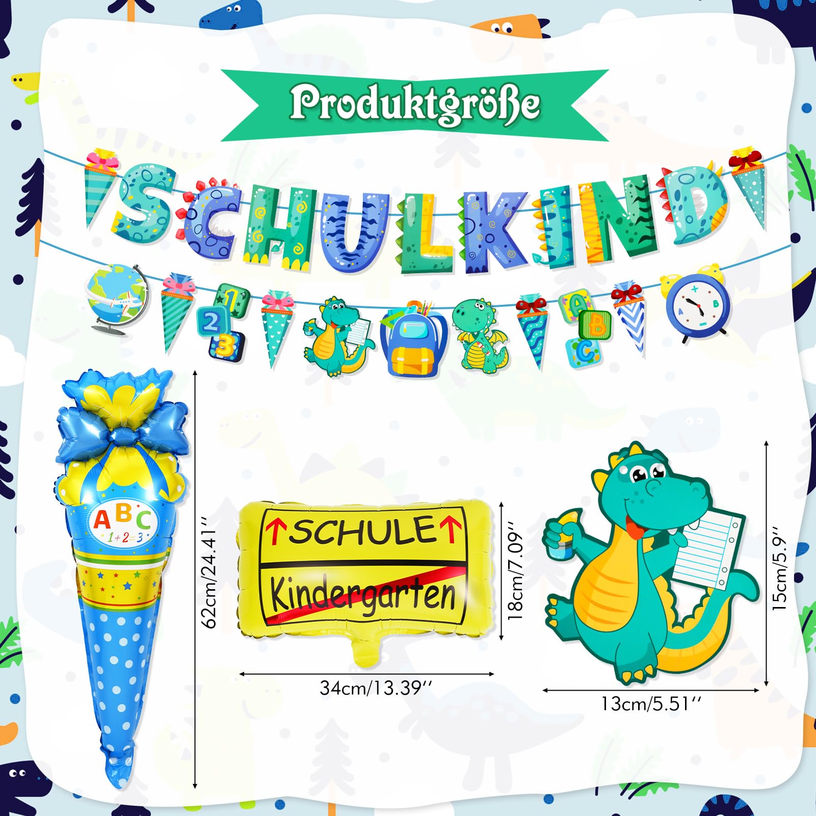howaf-dino-einschulung-luftballons-blau-schulkind-banner-set image 2