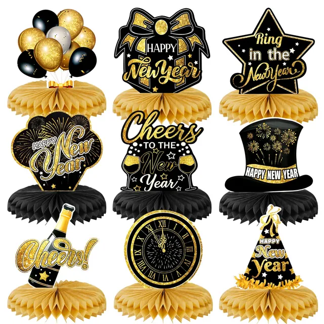 howaf-silvester-deko-2027-bienenwabe-9-st-ck-schwarz-gold image 1