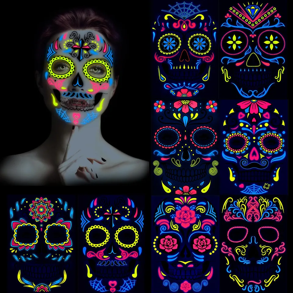 howaf-temporary-tattoos-halloween-gesicht-neon-8-blatt image 1