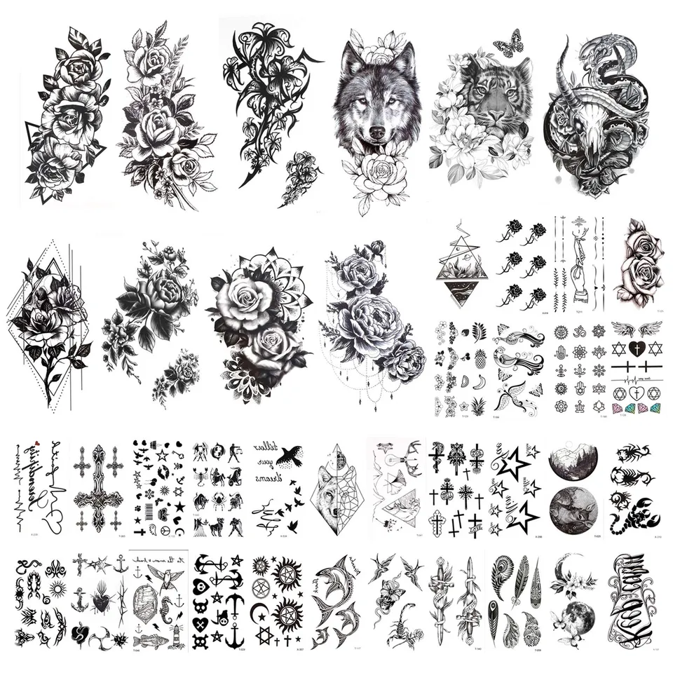 howaf-tempor-re-tattoos-schwarz-40-bl-tter-klein-adler-l-we image 1