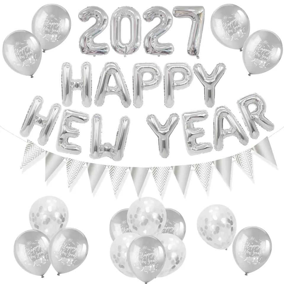 howaf-silvester-deko-2027-silber-happy-new-year-ballons-banner image 1