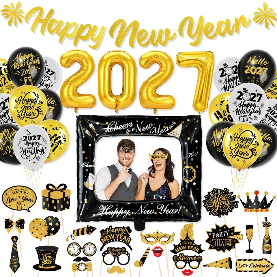 howaf-silvester-deko-2027-set-schwarz-gold-mit-ballons image 1