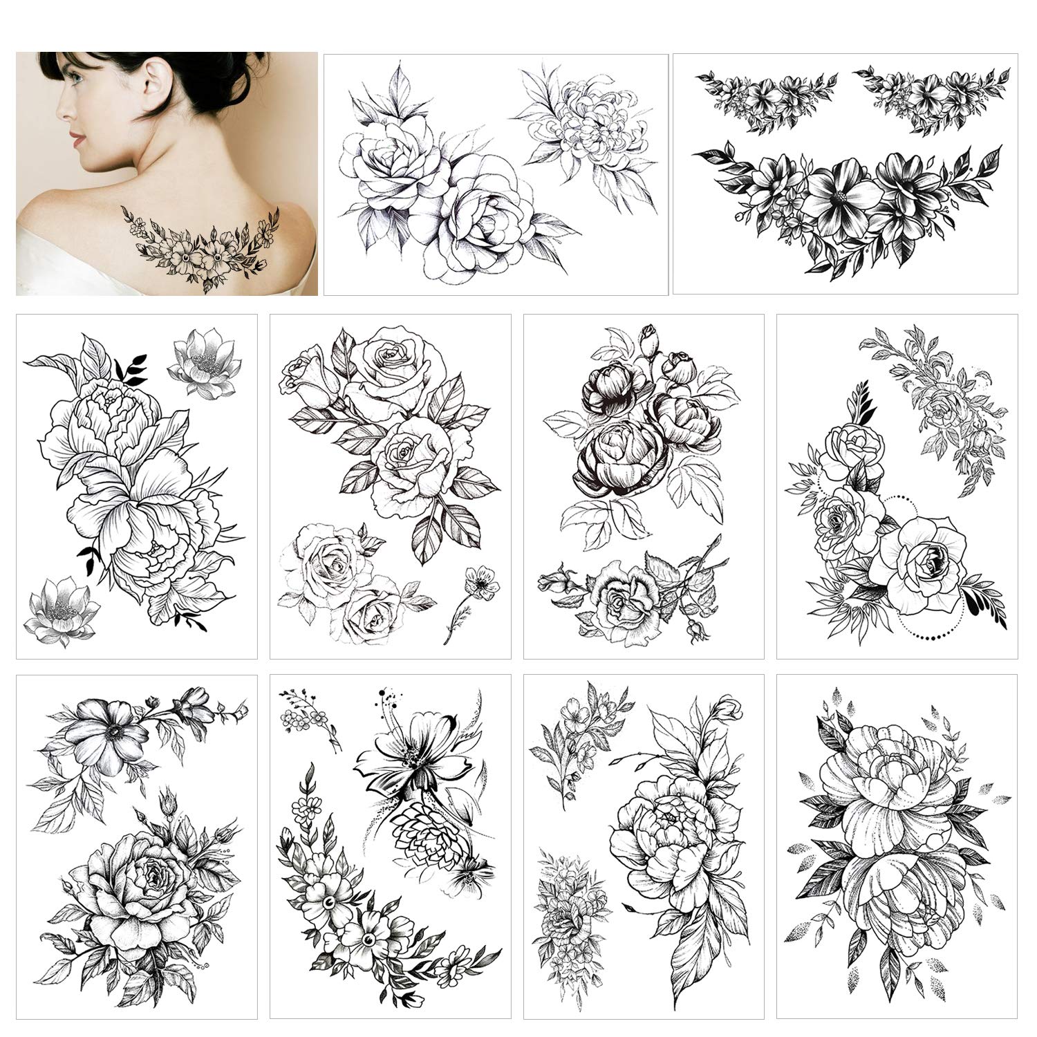 howaf-temporary-tattoos-schwarze-rose-10-blatt-wasserdicht image 1