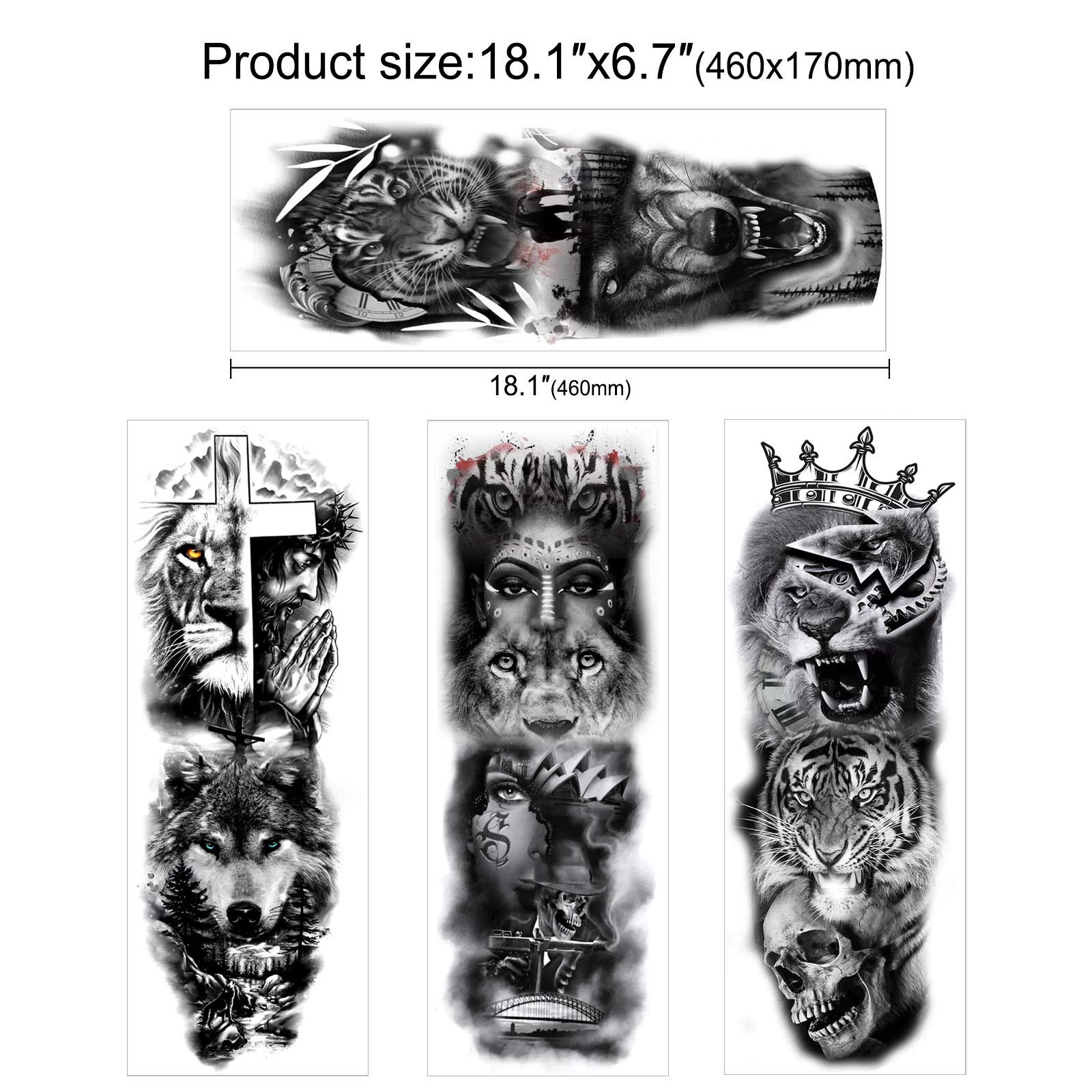 howaf-full-arm-tempor-re-tattoos-8-bl-tter-wolf-l-we-wasserdicht image 4