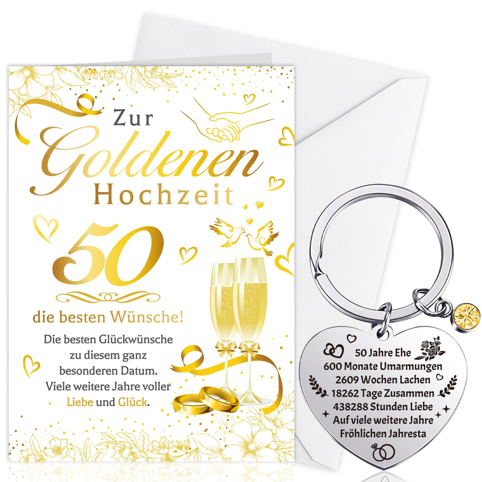 howaf-goldene-hochzeit-karte-mit-schl-sselanh-nger-50-jahre image 1