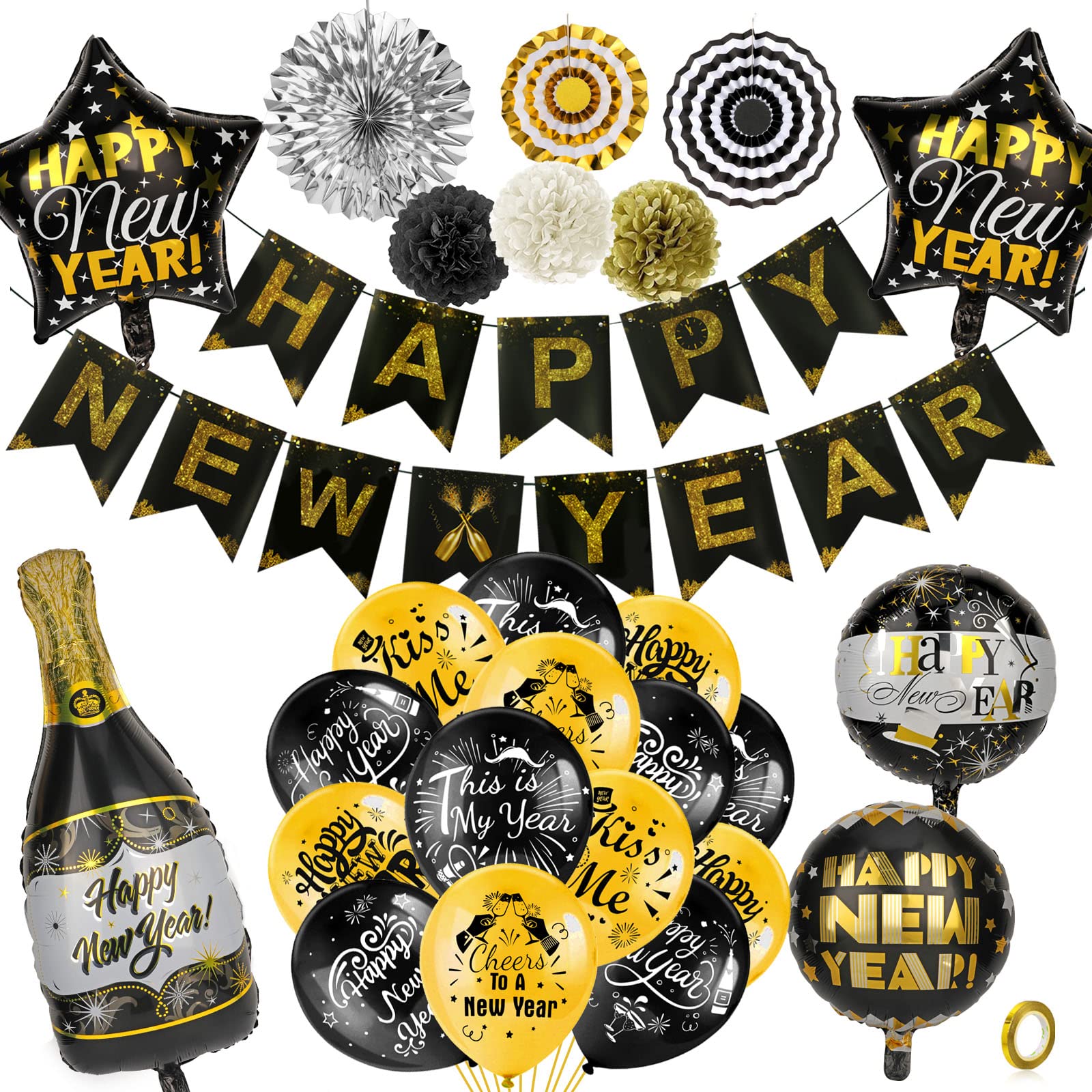 howaf-silvester-deko-2025-set-schwarz-gold-54-teilig image 1